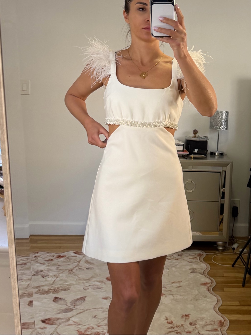 Likely White Feather-Trim Mini Dress